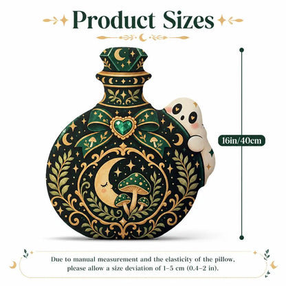 Size guide showing 16 inch / 40 cm: decorative plush pillow featuring celestial potion bottle with mushroom and ghost artwork