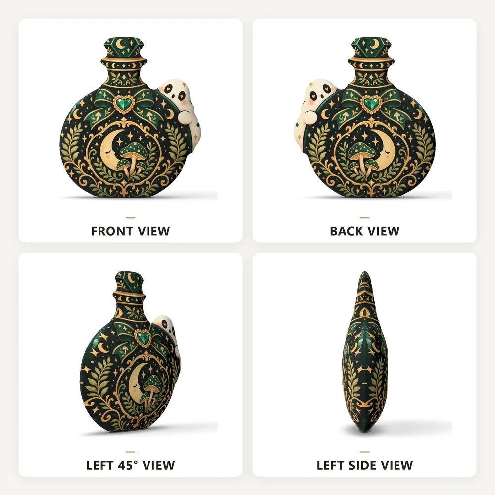 Front, back and side views: decorative plush pillow featuring celestial potion bottle with mushroom and ghost artwork