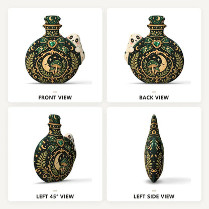Front, back and side views: decorative plush pillow featuring celestial potion bottle with mushroom and ghost artwork