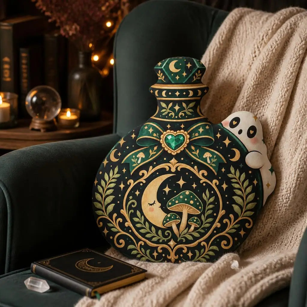 Styled room view: decorative plush pillow featuring celestial potion bottle with mushroom and ghost artwork