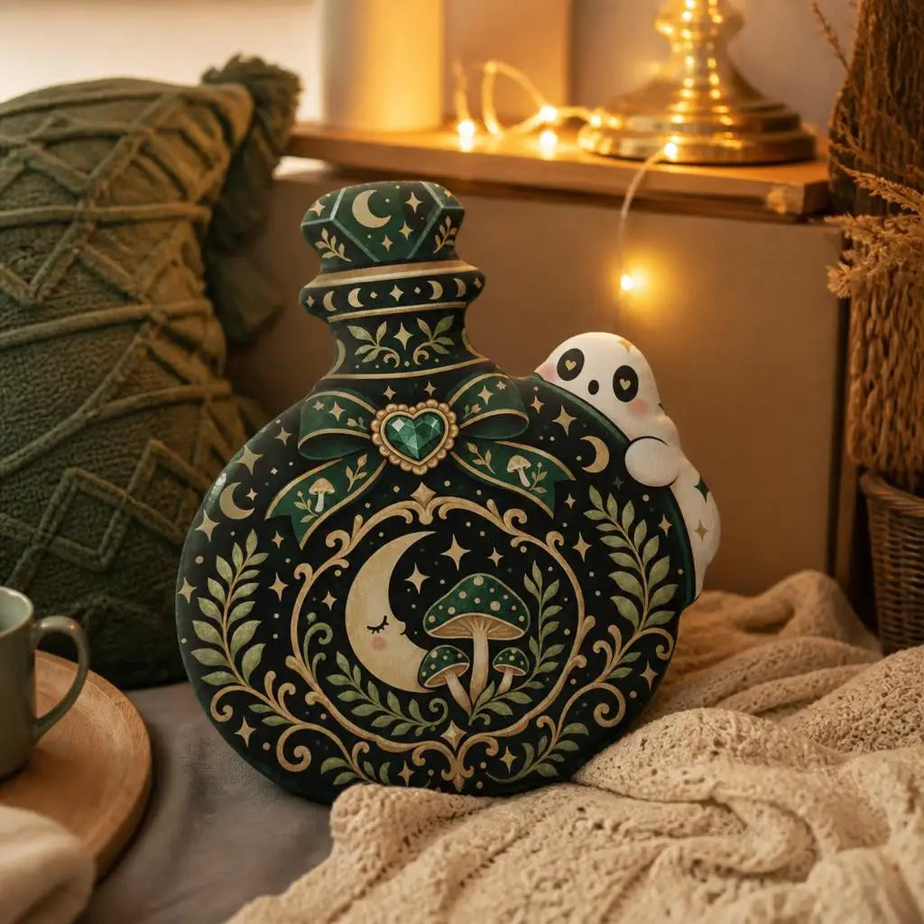 Alternate styled room view: decorative plush pillow featuring celestial potion bottle with mushroom and ghost artwork