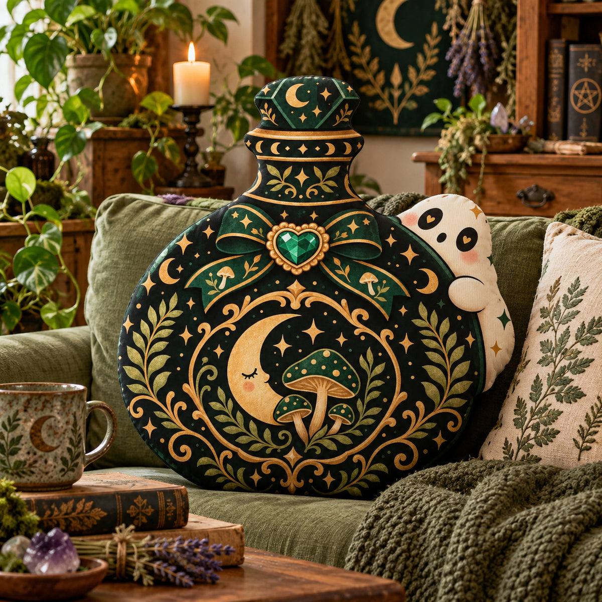 Mushroom Ghost Potion Bottle Pillow in a witchy room