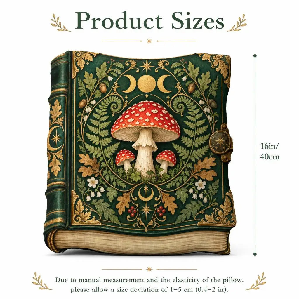 Size guide showing 16 inch / 40 cm: decorative plush pillow featuring mushroom and celestial grimoire artwork