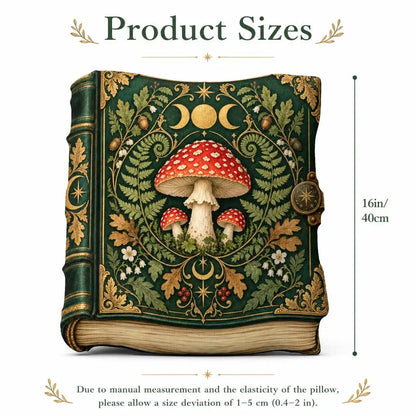 Size guide showing 16 inch / 40 cm: decorative plush pillow featuring mushroom and celestial grimoire artwork