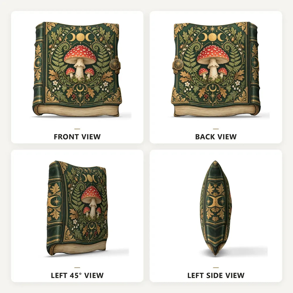 Front, back and side views: decorative plush pillow featuring mushroom and celestial grimoire artwork