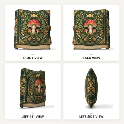 Front, back and side views: decorative plush pillow featuring mushroom and celestial grimoire artwork