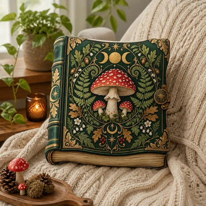 Styled on a chair: decorative plush pillow featuring mushroom and celestial grimoire artwork