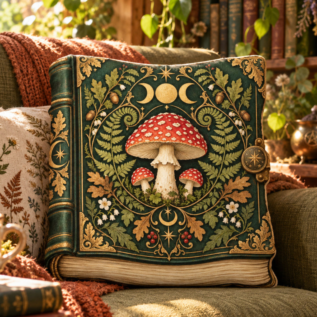 Mushroom Grimoire Book Shaped Pillow in a witchy reading room