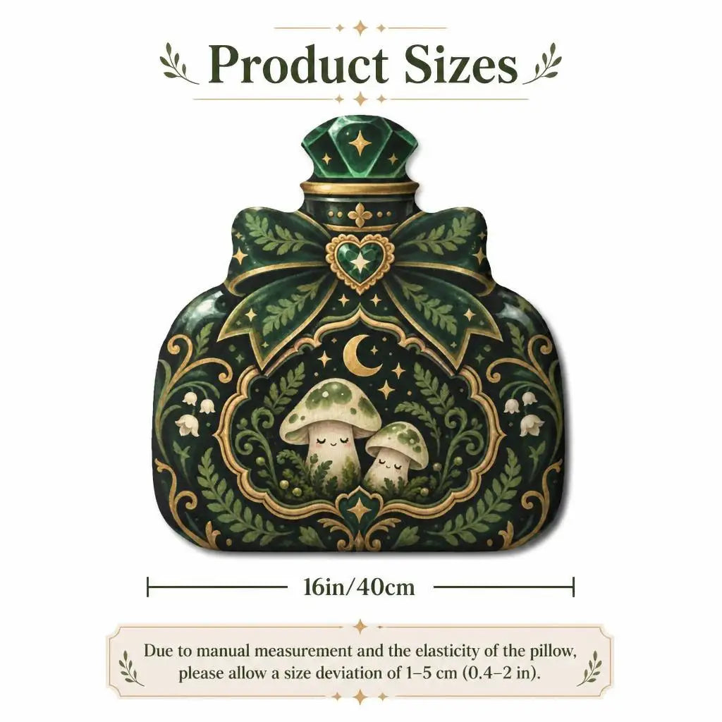 Size guide showing 16 inch / 40 cm: decorative plush pillow featuring mushroom and moon potion-bottle artwork