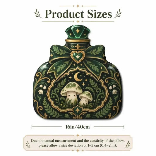Size guide showing 16 inch / 40 cm: decorative plush pillow featuring mushroom and moon potion-bottle artwork