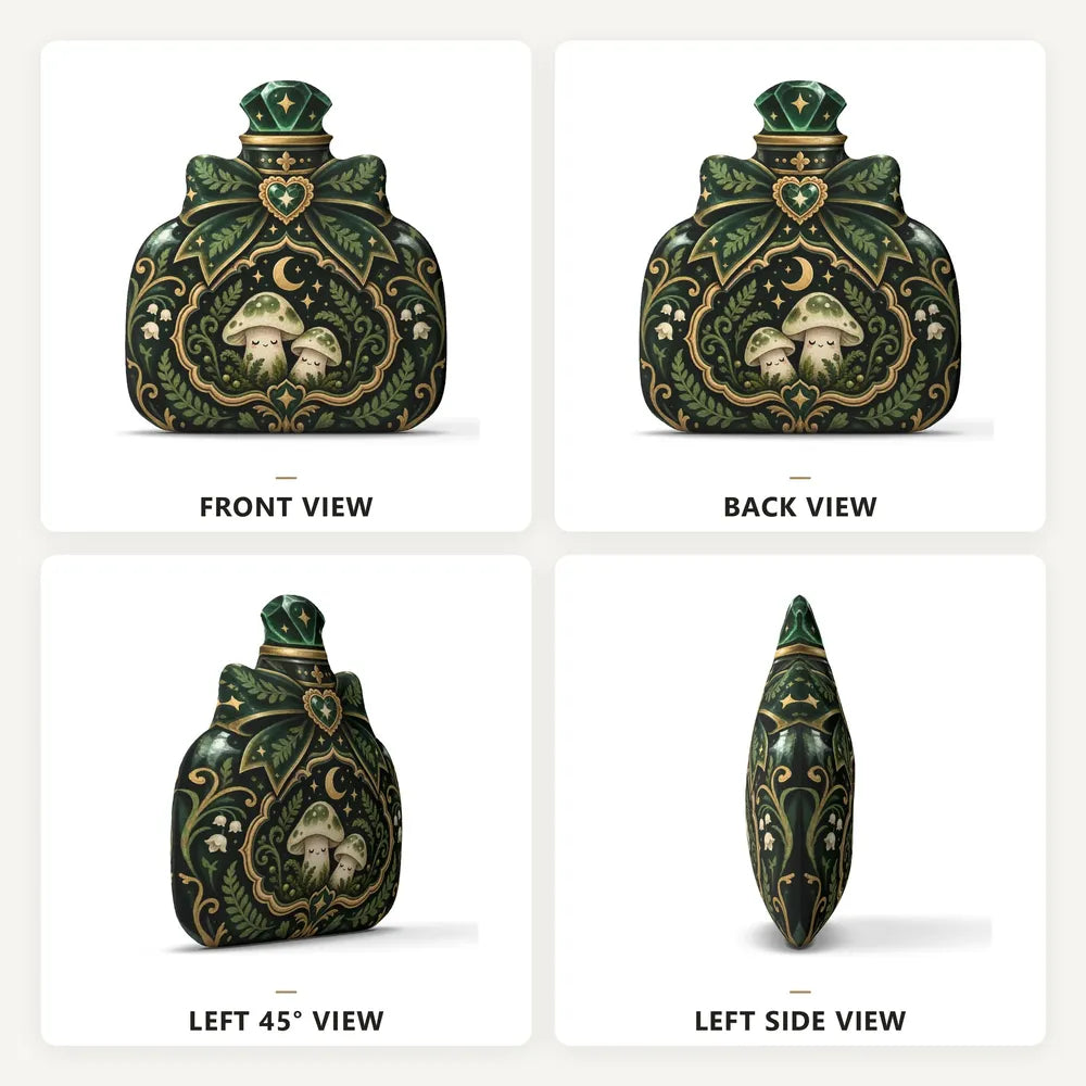 Front, back and side views: decorative plush pillow featuring mushroom and moon potion-bottle artwork