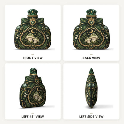 Front, back and side views: decorative plush pillow featuring mushroom and moon potion-bottle artwork