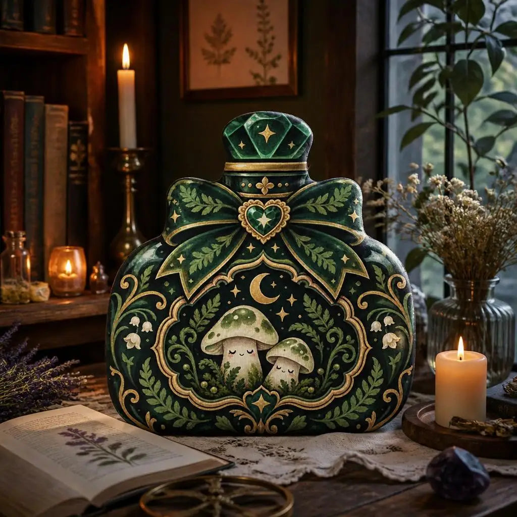 Styled room view: decorative plush pillow featuring mushroom and moon potion-bottle artwork
