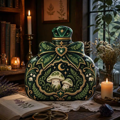 Styled room view: decorative plush pillow featuring mushroom and moon potion-bottle artwork