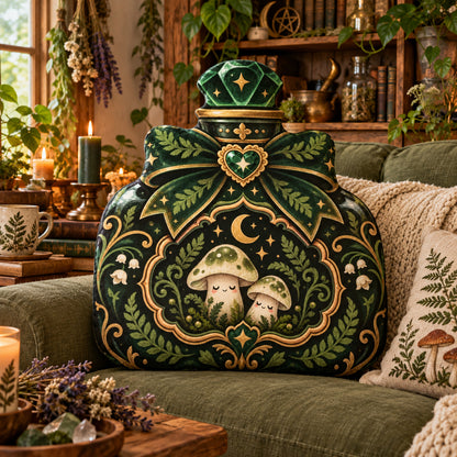 Mushroom Moon Potion Bottle Plush Pillow in a witchy room