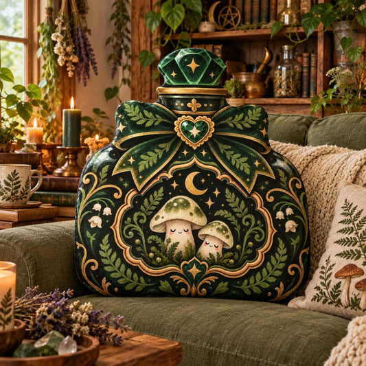 Mushroom Moon Potion Bottle Plush Pillow in a witchy room