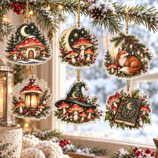 Mushroom Moon Witchy Acrylic Ornament Set – Cottagecore Yule Decor – set of 6 acrylic ornaments