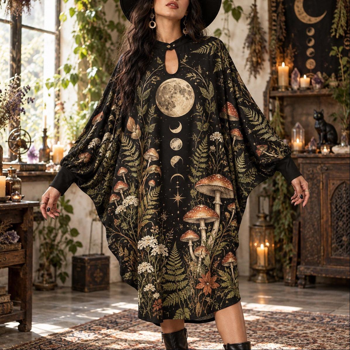 Mushroom Moon Witchy Batwing Dress – Pagan Botanical Fern Midi – worn, front view
