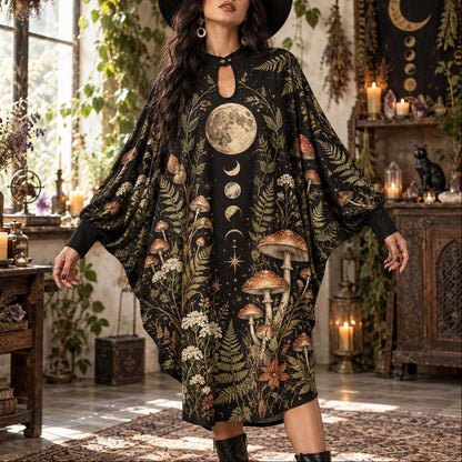 Mushroom Moon Witchy Batwing Dress – Pagan Botanical Fern Midi – worn, front view