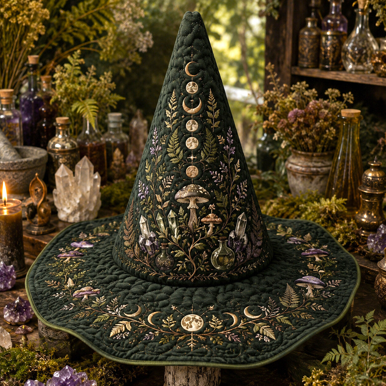 Mushroom Witch Hat – Hedge Witch Cottagecore Pagan Forest Hat – on an altar table