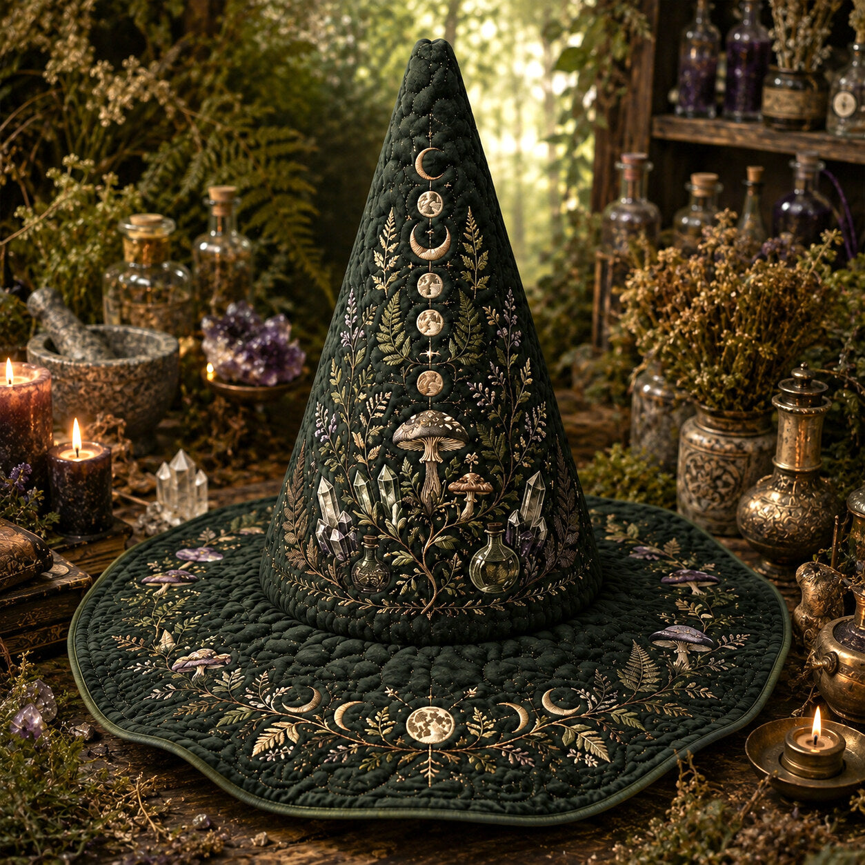 Mushroom Witch Hat – Hedge Witch Cottagecore Pagan Forest Hat – styled with candles and crystals