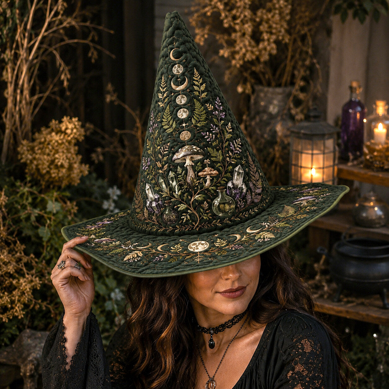 Mushroom Witch Hat – Hedge Witch Cottagecore Pagan Forest Hat – worn, front view