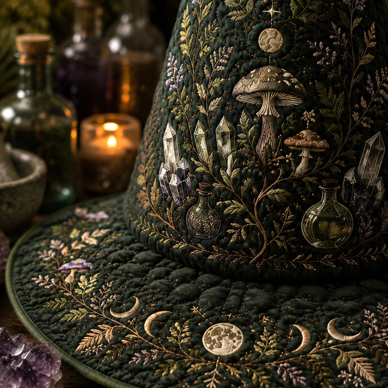Mushroom Witch Hat – Hedge Witch Cottagecore Pagan Forest Hat – quilting and print detail