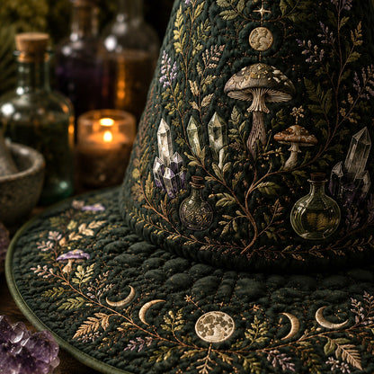 Mushroom Witch Hat – Hedge Witch Cottagecore Pagan Forest Hat – quilting and print detail