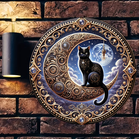 Mysterious Black Cat & Crescent Moon Metal Wall Art-MoonChildWorld