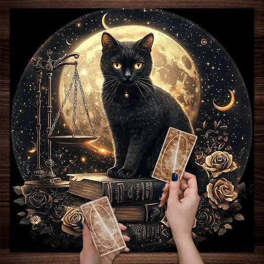 Mysterious Black Cat Tarot Tablecloth Wicca Cat Altar Cloth Witchcraft Cat & Moon Divination Cloth-MoonChildWorld