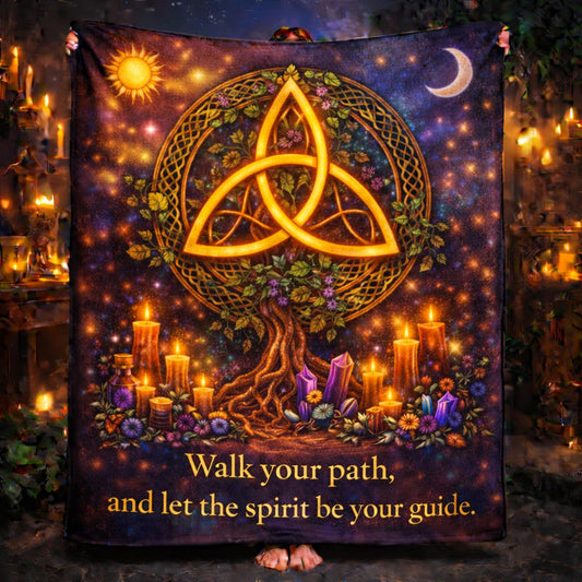Mystical Celtic Triquetra Tree of Life blanket with sun, moon, crystals, and candles on dark background.