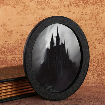 Mysterious Dark Castle Oval Photo Frame - Gothic Style, Black Circular Frame with Intricate Design-MoonChildWorld