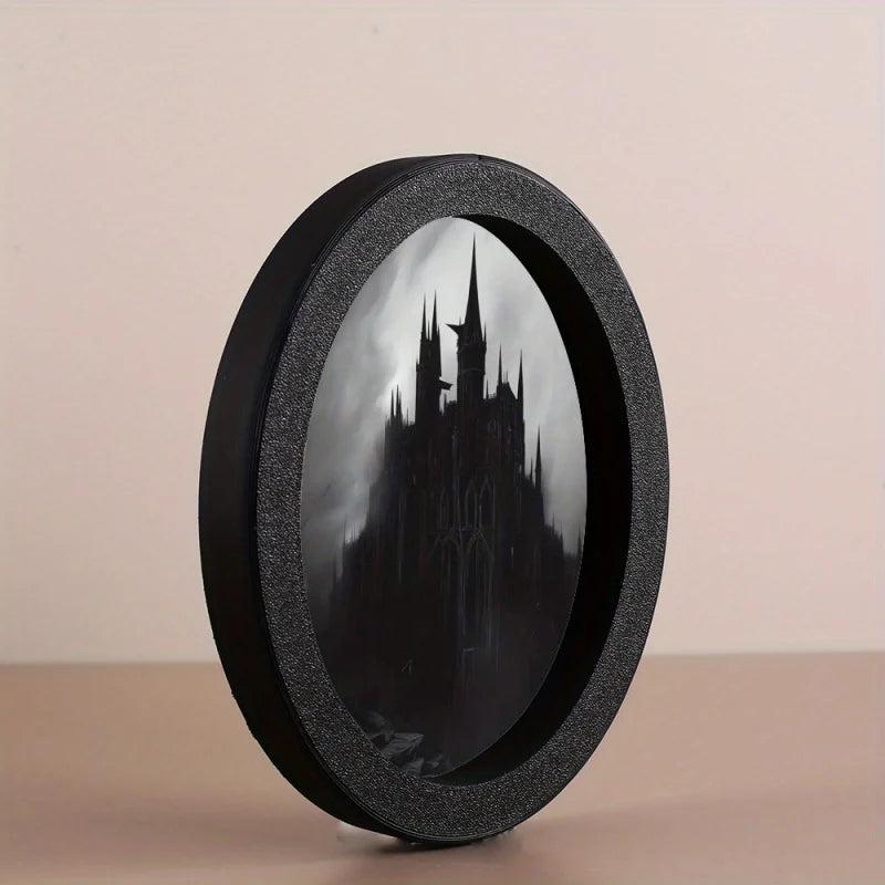 Mysterious Dark Castle Oval Photo Frame - Gothic Style, Black Circular Frame with Intricate Design-MoonChildWorld
