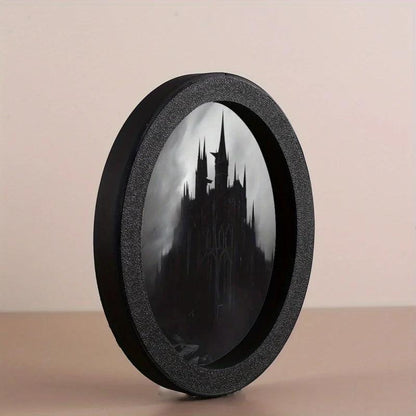 Mysterious Dark Castle Oval Photo Frame - Gothic Style, Black Circular Frame with Intricate Design-MoonChildWorld