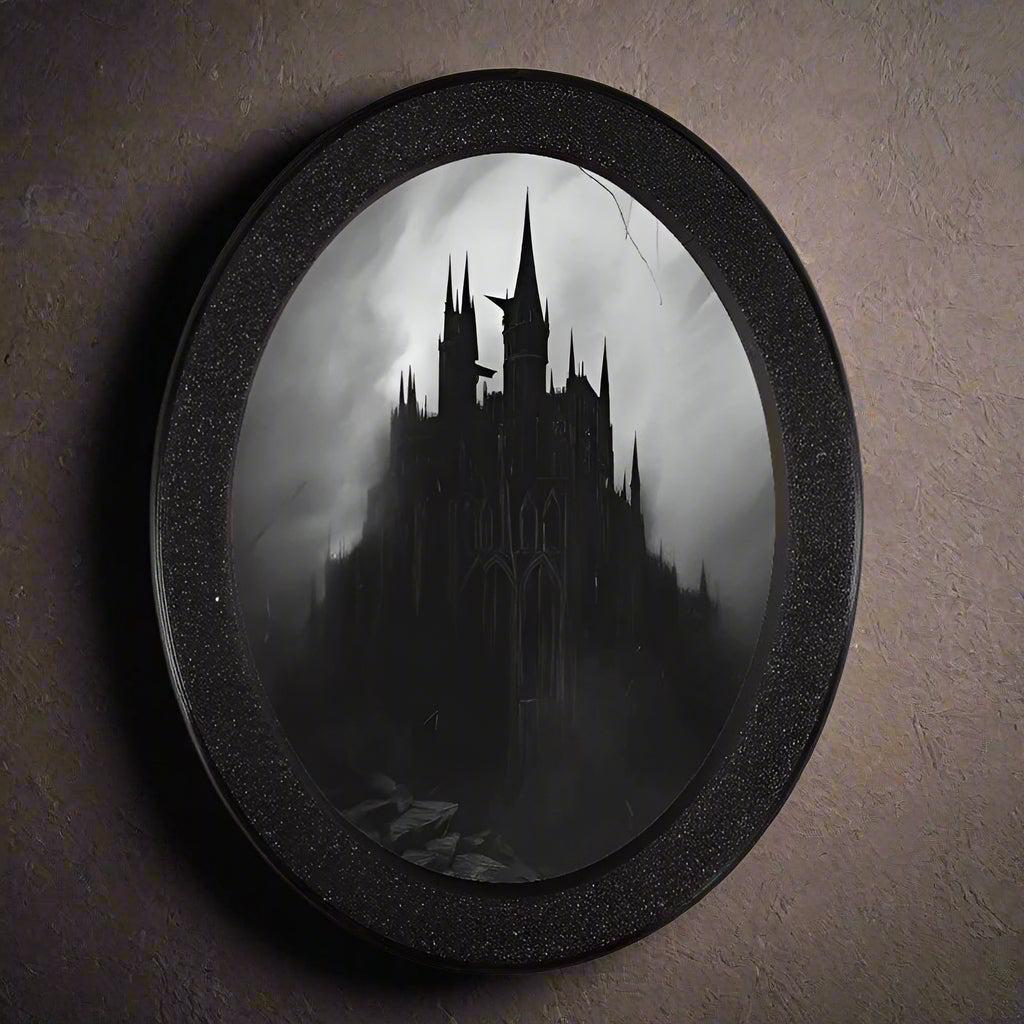 Mysterious Dark Castle Oval Photo Frame - Gothic Style, Black Circular Frame with Intricate Design-MoonChildWorld