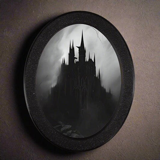 Mysterious Dark Castle Oval Photo Frame - Gothic Style, Black Circular Frame with Intricate Design-MoonChildWorld