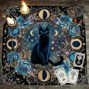 Mysterious Moon Black Cat Witchy Altar Cloth - Witchcraft Tarot Tablecloth for Reading Divination Wicca Home Decor-MoonChildWorld
