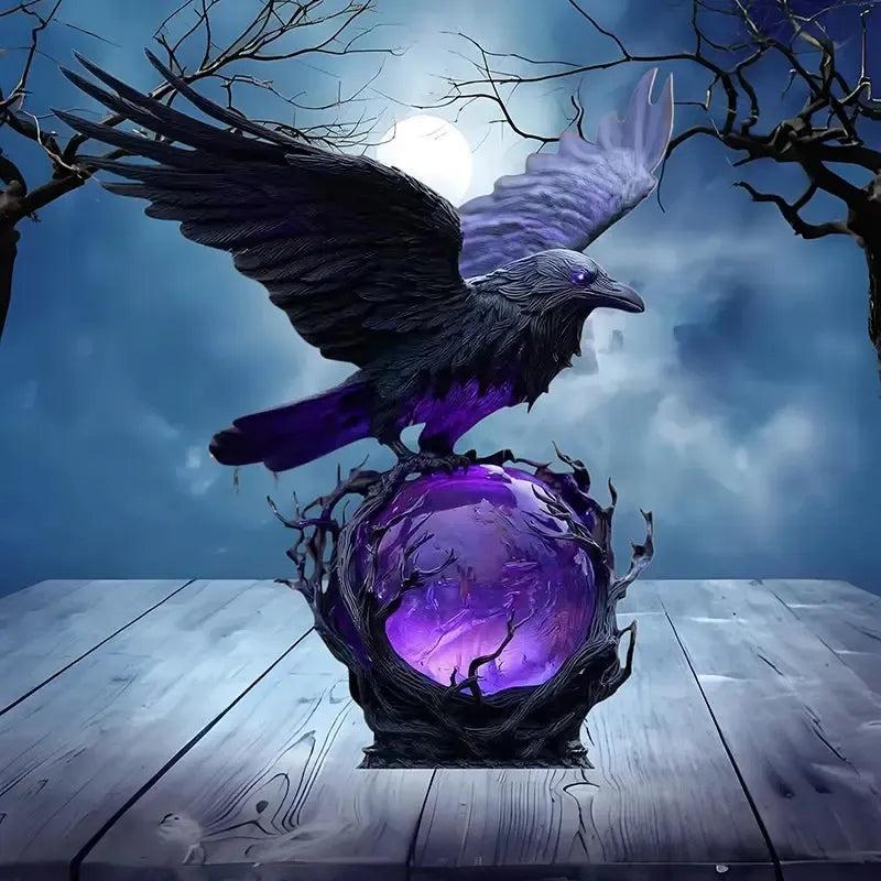 Mysterious Raven Moonlight Gothic LED Lamp Hand-Crafted Dark Art Crow Sculpture on Purple Glow Sphere Halloween Night Light-MoonChildWorld