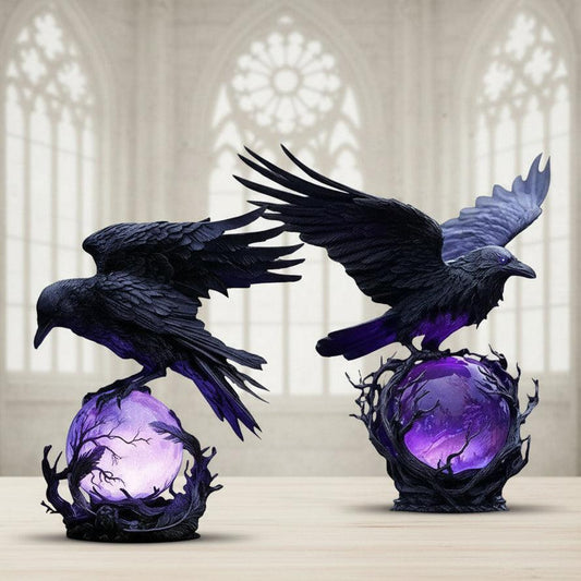 Mysterious Raven Moonlight Gothic LED Lamp Hand-Crafted Dark Art Crow Sculpture on Purple Glow Sphere Halloween Night Light-MoonChildWorld