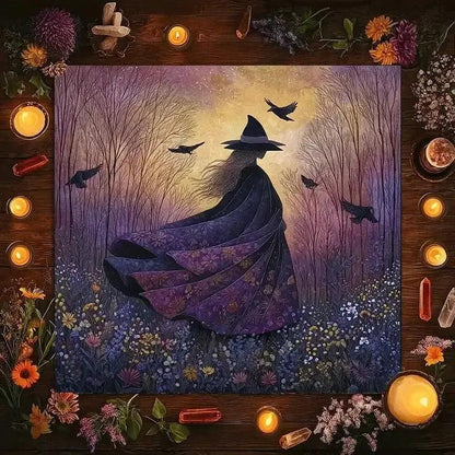 Mysterious Witch and Crows Tarot Tablecloth - Wicca Altar Cloth For Rituals, Tarot Reading & Home Decor-MoonChildWorld