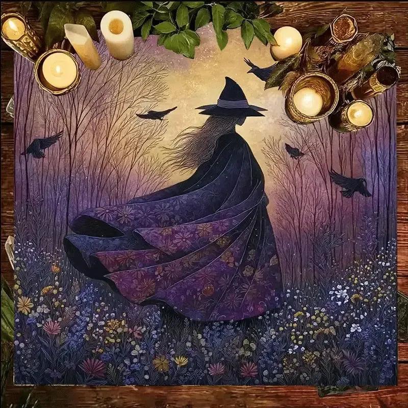 Mysterious Witch and Crows Tarot Tablecloth - Wicca Altar Cloth For Rituals, Tarot Reading & Home Decor-MoonChildWorld