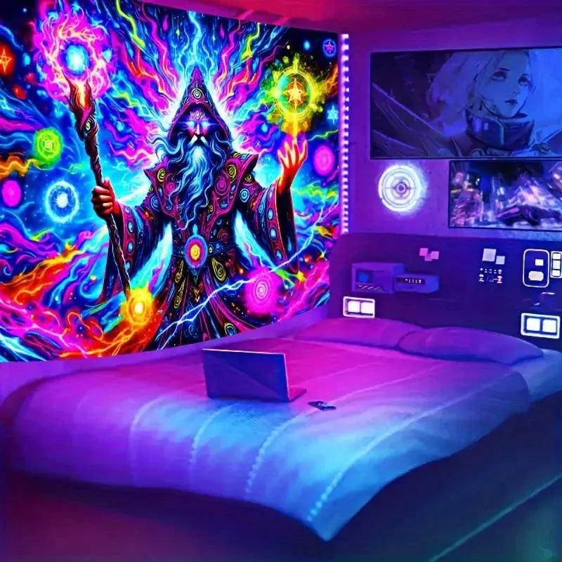 Mysterious Wizard Fluorescent Tapestry Blacklight Tapestry Wizard Tapestry UV Reactive Neon Tapestry-MoonChildWorld