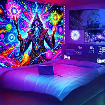 Mysterious Wizard Fluorescent Tapestry Blacklight Tapestry Wizard Tapestry UV Reactive Neon Tapestry-MoonChildWorld