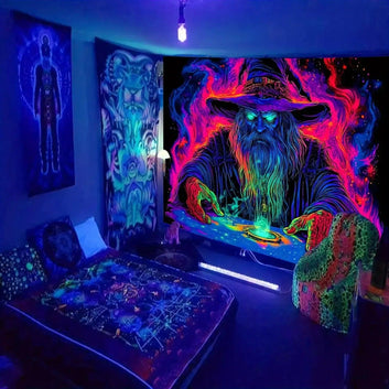 Mysterious Wizard Fluorescent Tapestry Blacklight Tapestry Wizard Tapestry UV Reactive Neon Tapestry-MoonChildWorld