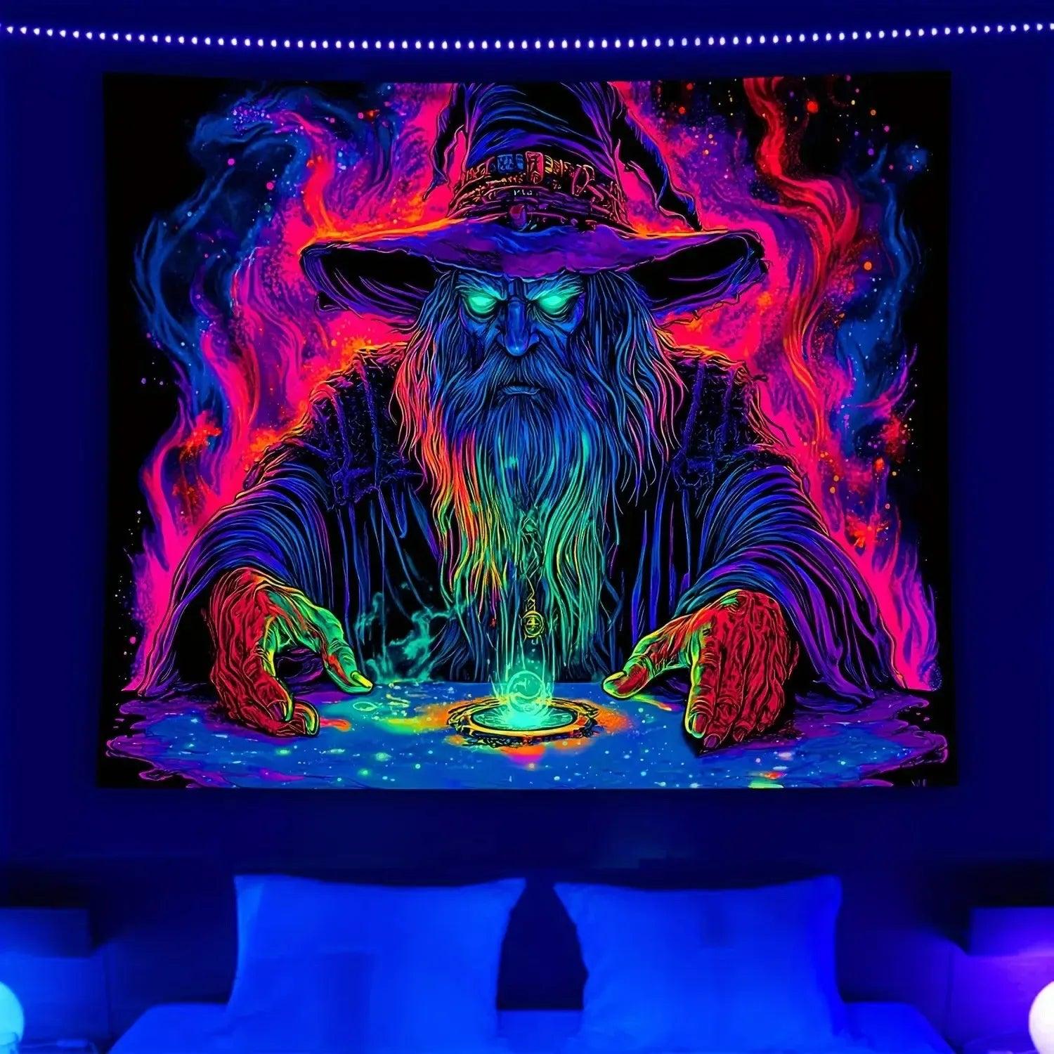 Mysterious Wizard Fluorescent Tapestry Blacklight Tapestry Wizard Tapestry UV Reactive Neon Tapestry-MoonChildWorld
