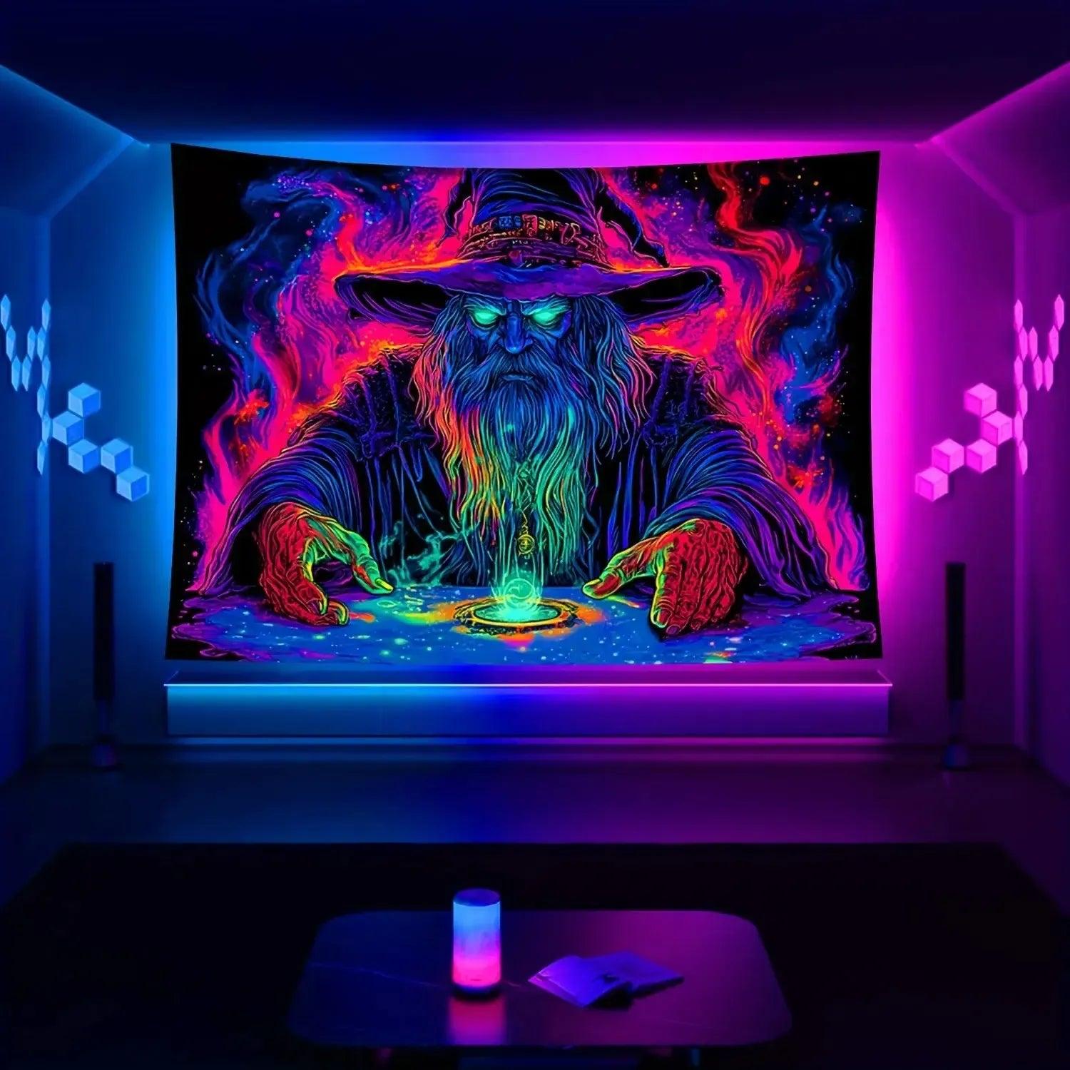 Mysterious Wizard Fluorescent Tapestry Blacklight Tapestry Wizard Tapestry UV Reactive Neon Tapestry-MoonChildWorld