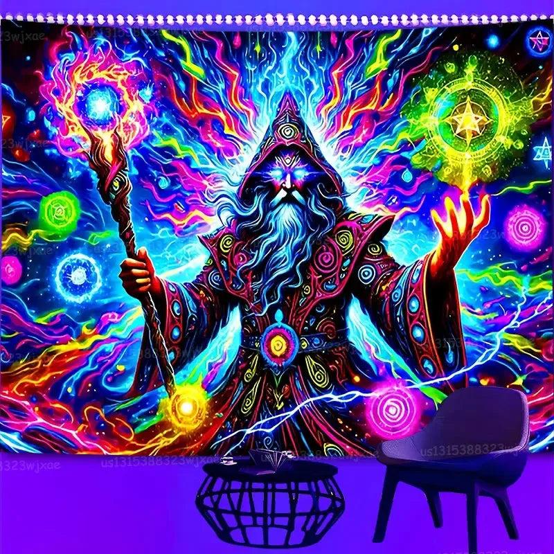 Mysterious Wizard Fluorescent Tapestry Blacklight Tapestry Wizard Tapestry UV Reactive Neon Tapestry-MoonChildWorld