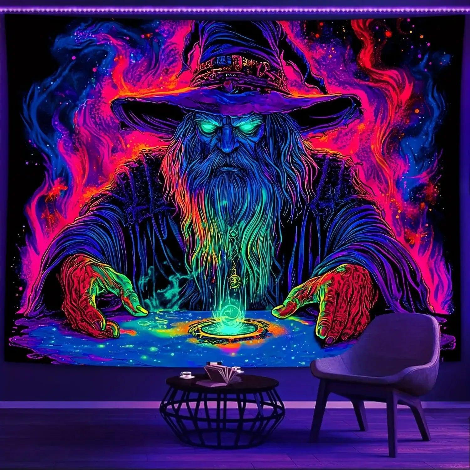 Mysterious Wizard Fluorescent Tapestry Blacklight Tapestry Wizard Tapestry UV Reactive Neon Tapestry-MoonChildWorld