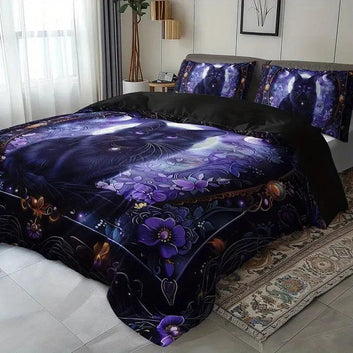Mystic Black Cat Bedding Set - Moonlit Cat Witchy Duvet Cover Set Wicca Home Decor-MoonChildWorld
