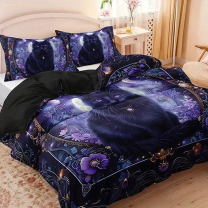 Mystic Black Cat Bedding Set - Moonlit Cat Witchy Duvet Cover Set Wicca Home Decor-MoonChildWorld